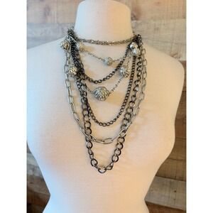 Mixed Metal Multi Strand Layered Necklace Silver Gunmetal Rose Rhinestone